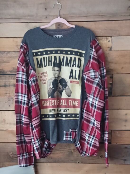Trapos by Sonia Ruiz (upcycled) Other - Upcycled Muhammad Ali Graphic Plaid Sleeve Men's Shirt - Red/Gray